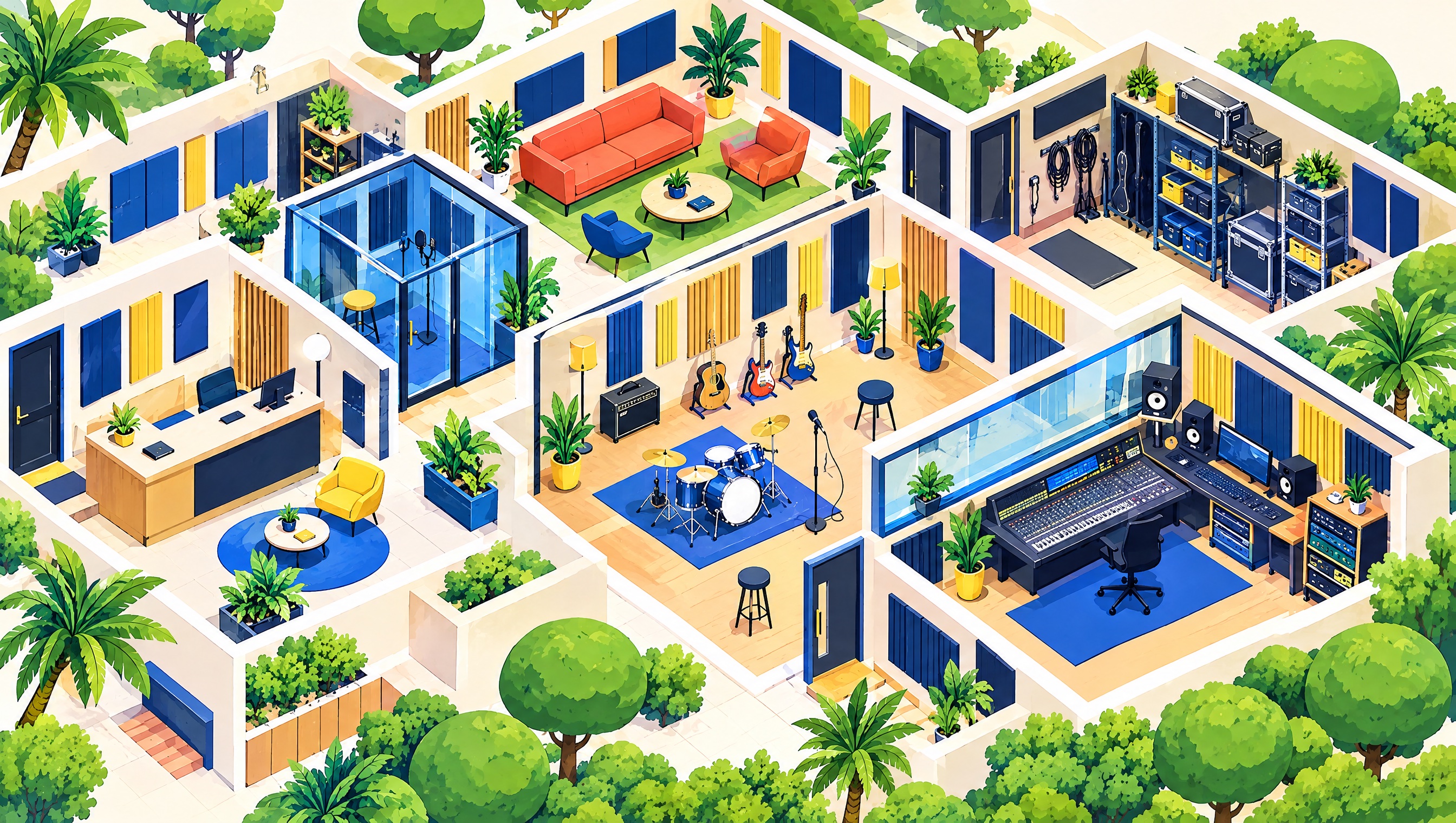 Music studio seen from above. A control room, a live room, a vocal booth and a lounge.
