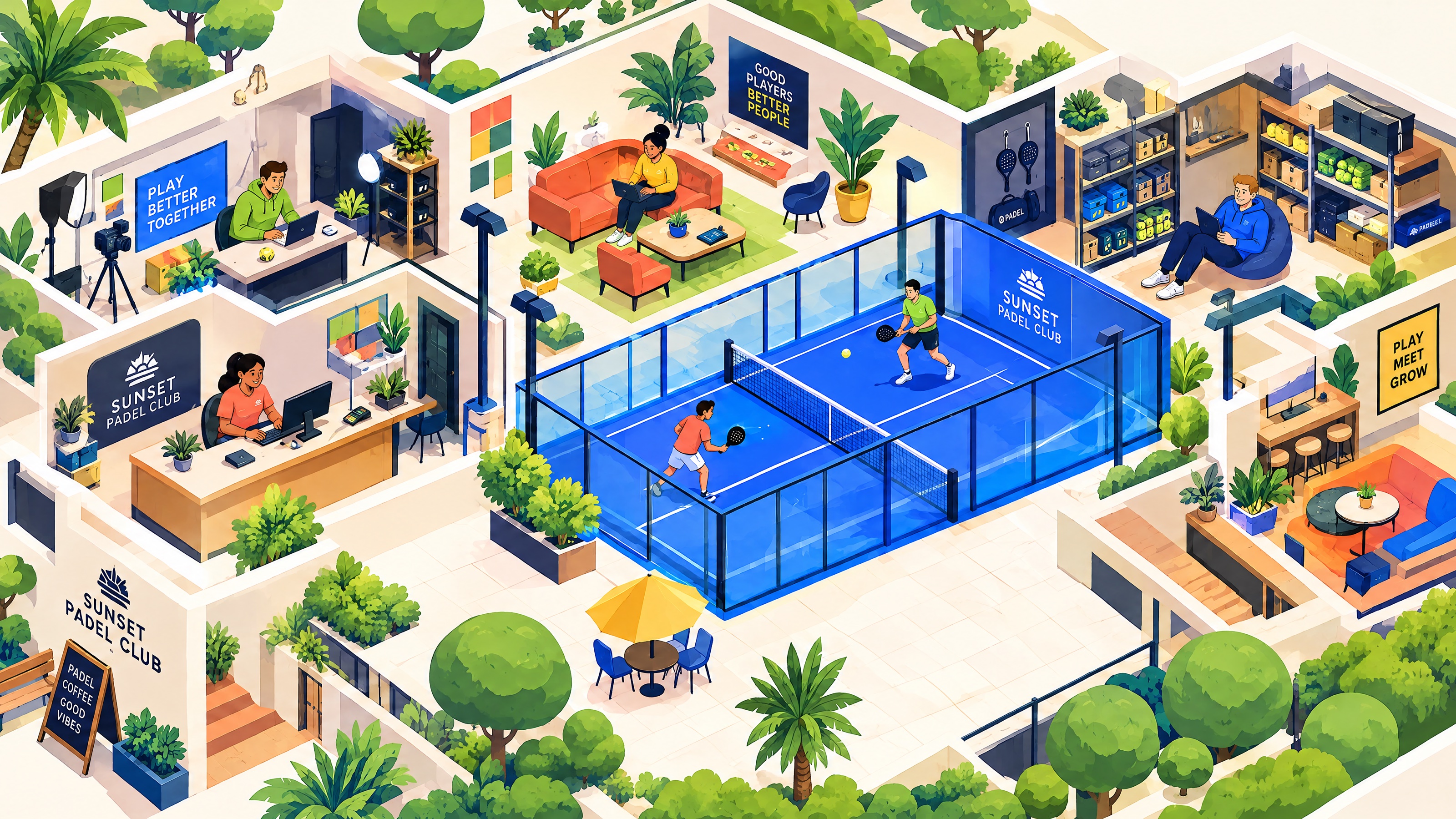An illustrated sports club seen from above, with four people in its rooms